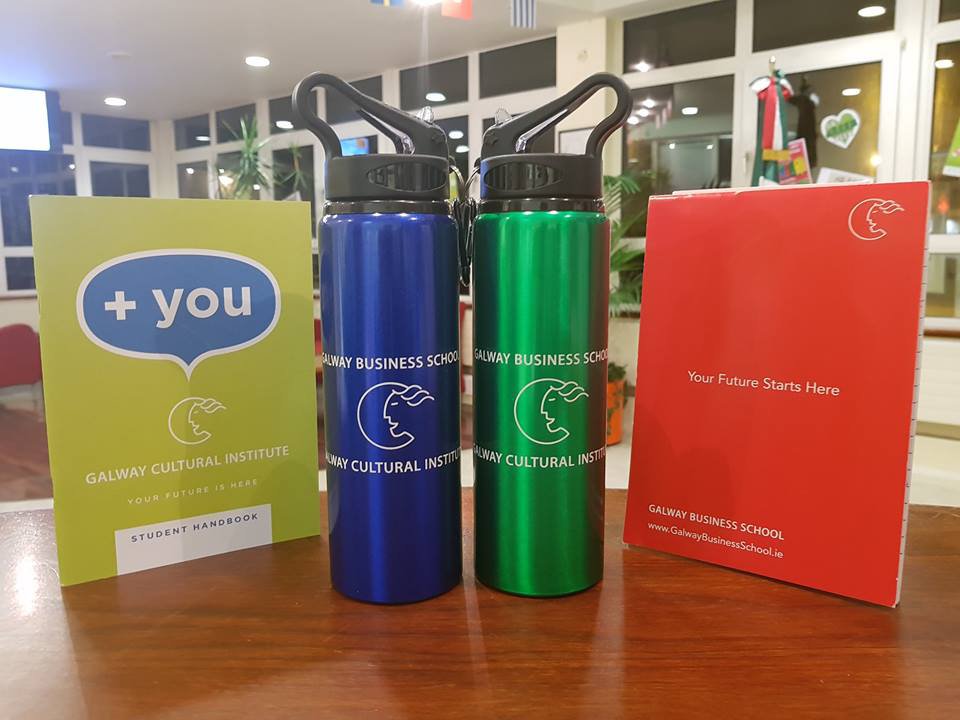 Reusable water bottles available at reception